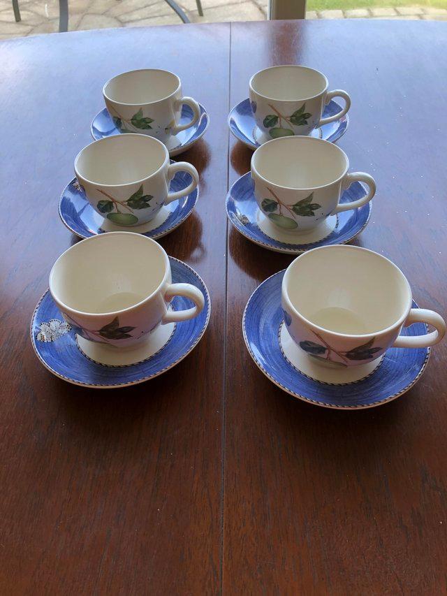 Preview of the first image of Wedgwood Sarah’s Garden cups and saucers.