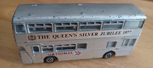 Preview of the first image of allantean queens sliver jumilee 1977 bus by dinky toys.