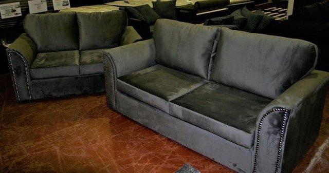 Image 1 of Byron 3&2 posh sofas in silver plush fabric with studs