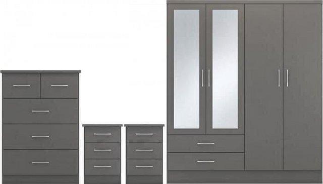 Preview of the first image of Nevada 4 door 2 drawer mirrored wardrobe in grey.