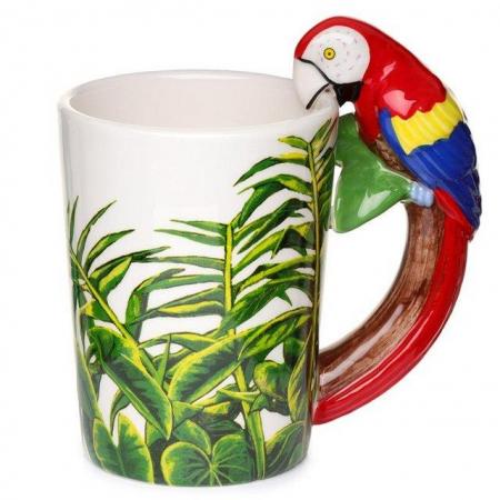 Image 1 of Novelty Ceramic Jungle Mug with Parrot Shaped Handle.