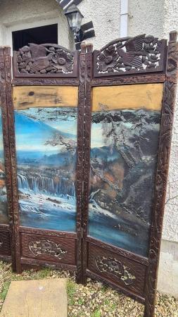 Image 3 of Antique Japanese 4 Panel Folding Screen, unique, signed