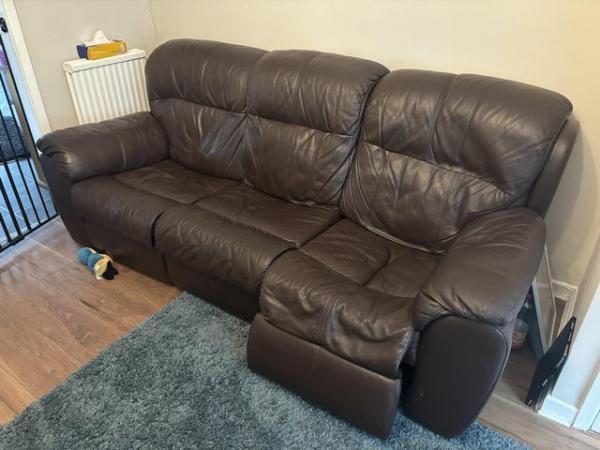 Image 1 of Leather 3 seat reclining sofa