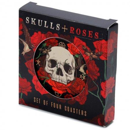 Image 1 of Set of 4 Cork Novelty Coasters - Skulls and Roses.