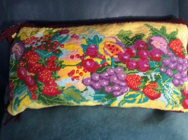 Image 1 of Beautiful embroidered cushion with maroon trim