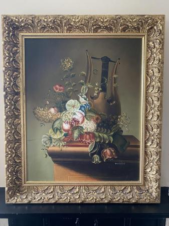 Image 2 of Oil painting flowers and lyre instrument manicini
