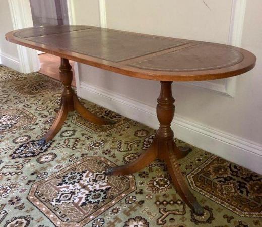 Image 1 of Long Rounded Oval, Leather Inlaid, Coffee Table