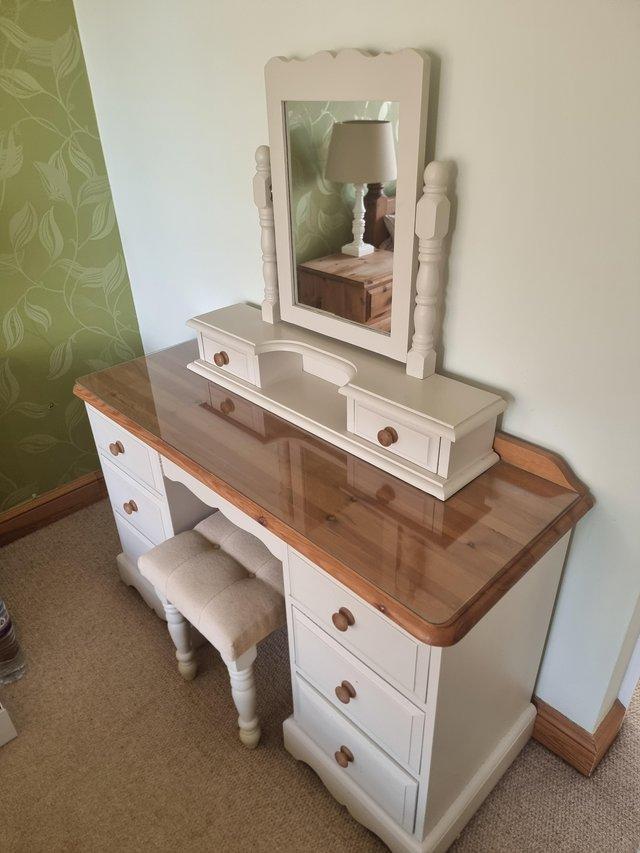 Preview of the first image of Hand painted dressing table with glass top and stool.