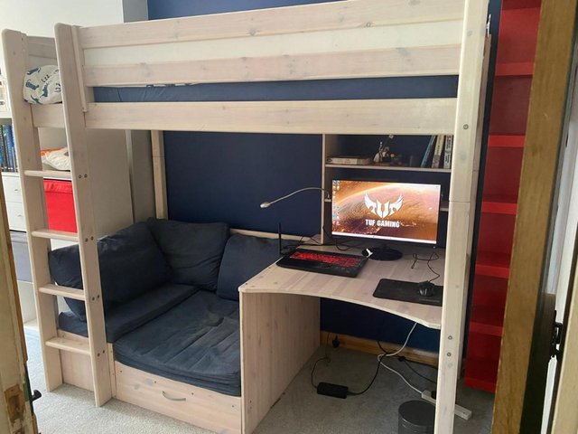 Preview of the first image of Thuka High sleeper bed with desk and pull-out sofa bed.