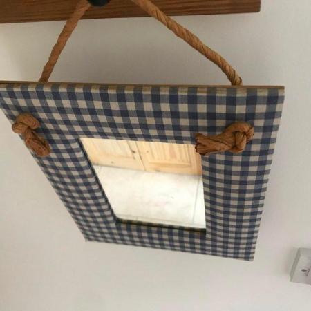 Image 2 of Hanging mirror, blue & white check fabric surround.