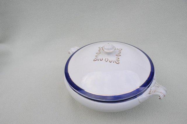 Preview of the first image of Victorian Pottery Serving Dish With Lid White With Blue Line.