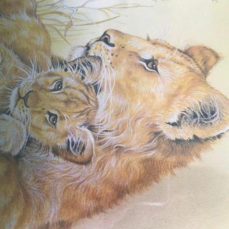 Image 2 of Vintage 1980s framed M Fennell metallic lioness & cub print.