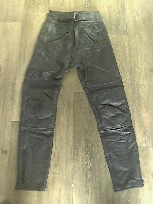 Preview of the first image of 28" waist leather trousers route 69 bike wear. 70's.