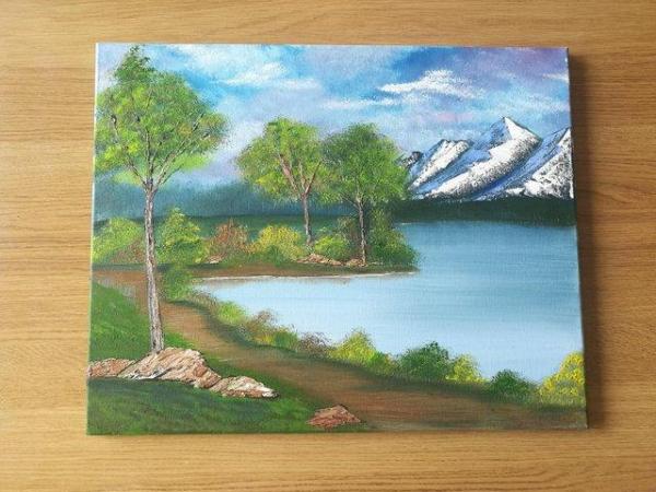 Image 3 of Mountain Lakeside Original Acrylic Painting