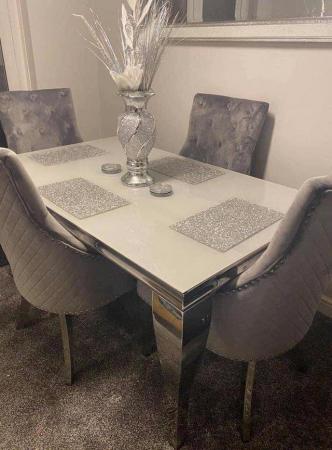 Image 1 of Louis grey glass dining table with 4 rose silver plush chair