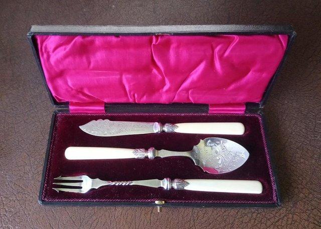 Preview of the first image of ANTIQUE SILVER-PLATED SEAFOOD CUTLERY SET IN ORIGINAL BOX.