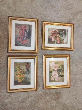 Image 1 of Set of four, gold framed flower small prints