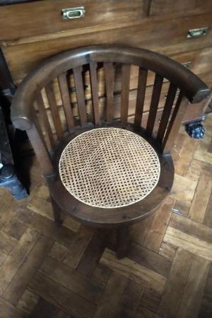 Image 3 of Antique Oak Captains Smokers Bow Chairs, Rattan Seat, x2