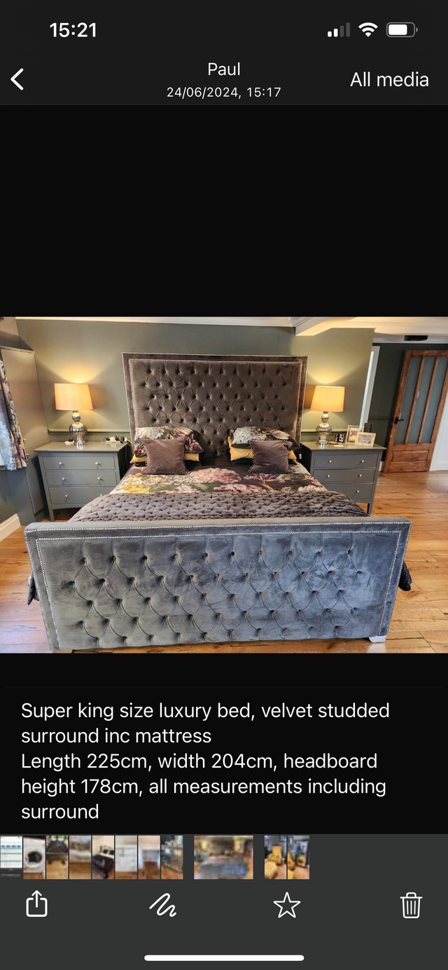 Preview of the first image of Grey Velvet luxury studded bed surround inc mattress.