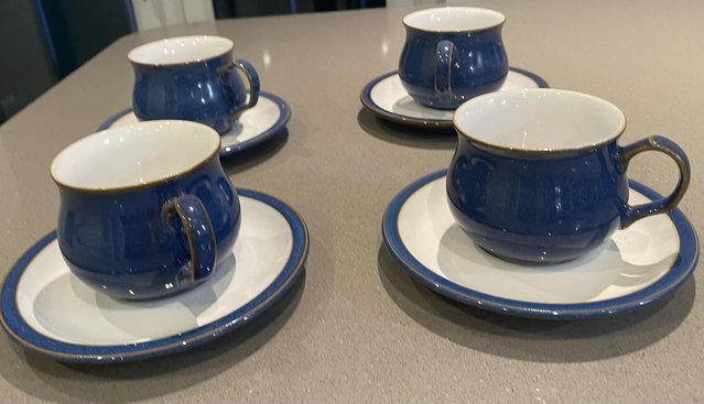 Preview of the first image of 4 Denby Imperial Blue Tea Cups and Saucers.