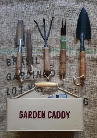Image 2 of garden caddy with vintage  hand tools for spring .bulbs gard