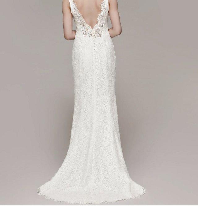 Preview of the first image of Whistles Mia £549 White Vintage Lace Train Wedding Dress.