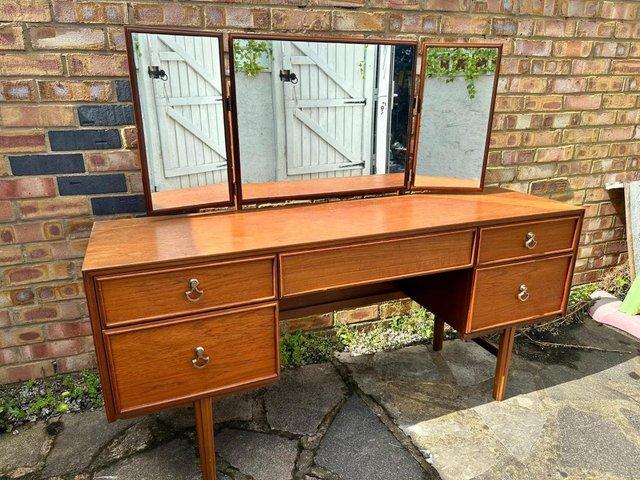 Preview of the first image of Large Mid-Century Dressing Table w Pivoting Triptych Mirror.