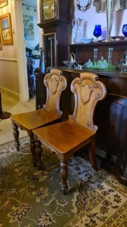 Image 2 of Pair of Antique Victorian Mahogany Wood Hall Chairs Armorial