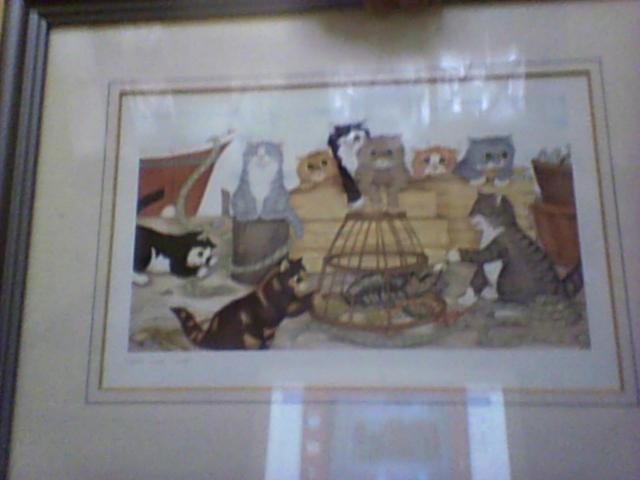 Preview of the first image of lovely framed picture of nine cats at play.