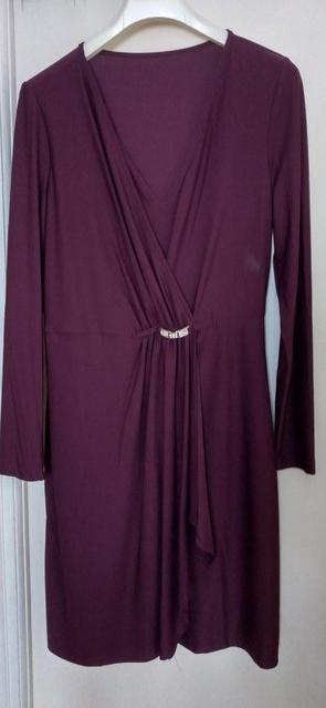 Preview of the first image of Wine Coloured Mock Wrap Dress Size 12-14.