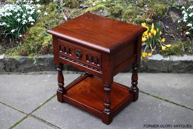 Image 2 of AN OLD CHARM TUDOR BROWN CARVED OAK BEDSIDE PHONE LAMP TABLE