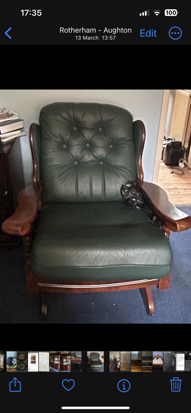 Preview of the first image of 2 Wood and green leather chairs + Footstool.