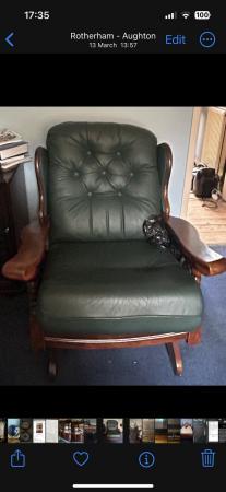 Image 1 of 2 Wood and green leather chairs + Footstool