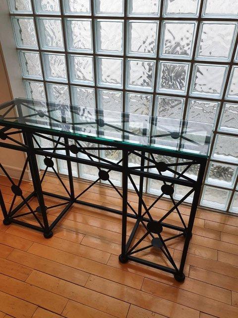 Preview of the first image of Stunning Glass and metal black frame console hallway table.