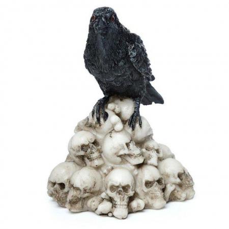 Image 3 of Crow Standing on Pile of Skulls Ornament.  Free uk Postage