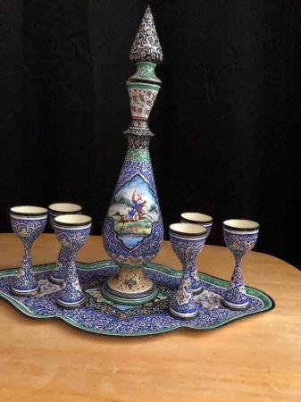 Image 1 of Enamel Barware Set, goblets, vase/pitcher and tray