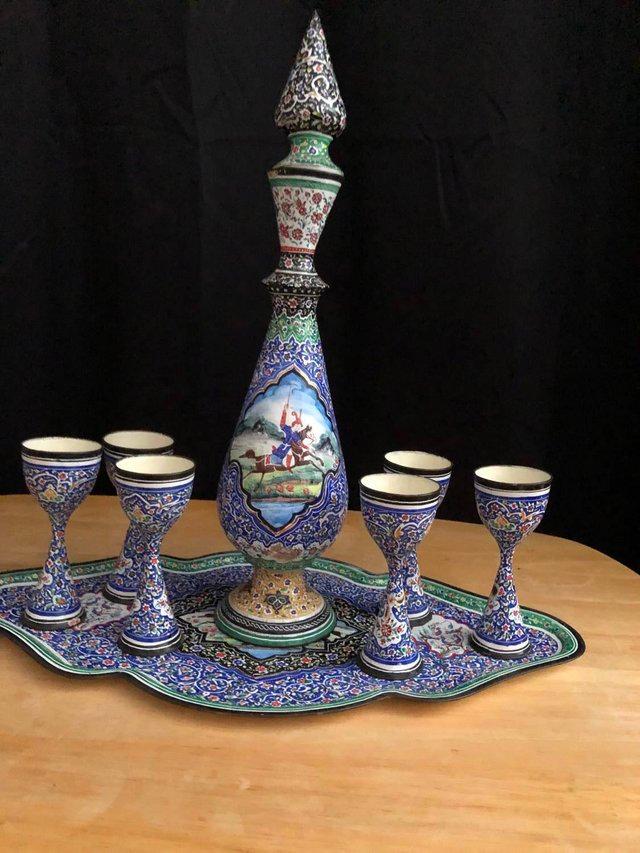 Preview of the first image of Enamel Barware Set, goblets, vase/pitcher and tray.
