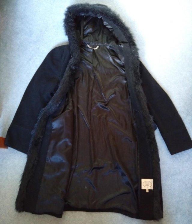 Preview of the first image of Laura Ashley long black hooded wool coat with fur trim- 20.