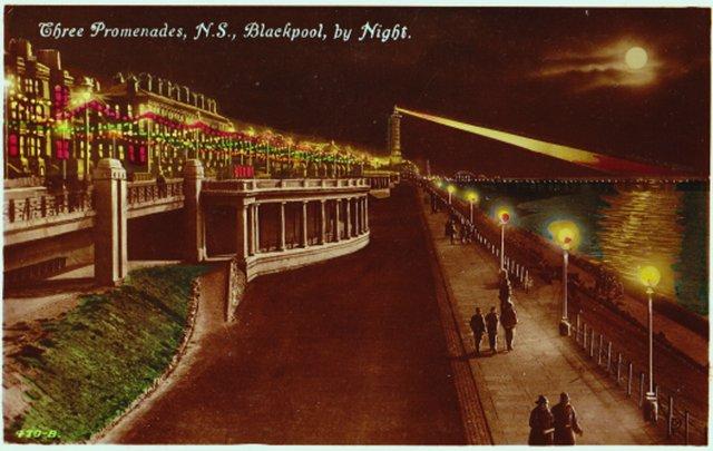 Preview of the first image of Three Promenades, N.S., Blackpool, by Night, 470-B.