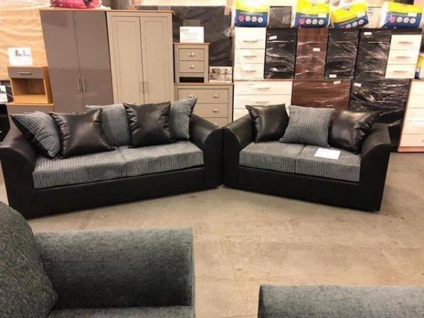 Image 1 of Byron 3&2 sofas in black snake with grey jumbo cord