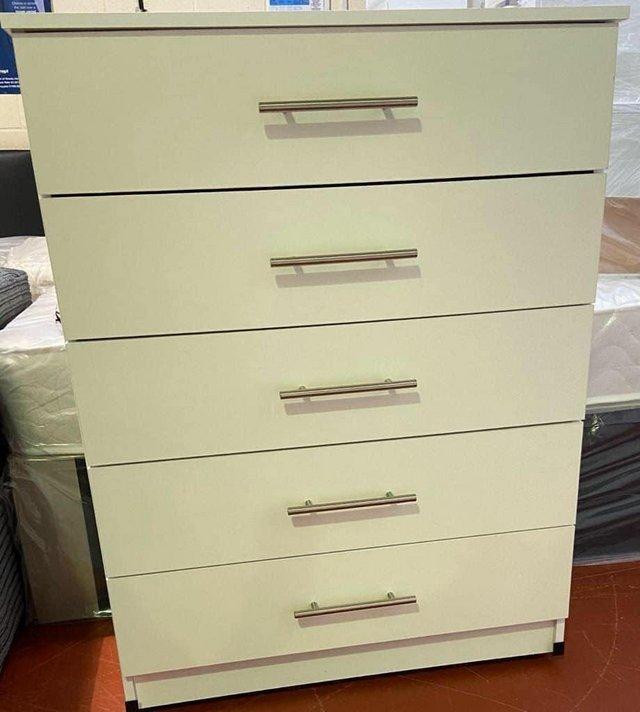 Preview of the first image of NOVA WHITE 5 DRAWER CHEST ————.