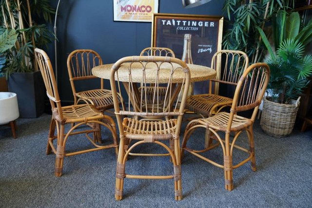 Image 3 of Mid C Wicker Dining Table & 6 'Peacock' Style Chairs 1970s