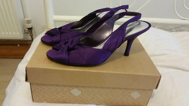 Preview of the first image of Cadburys' purple ladies kitten heel bridesmaid shoes, New.