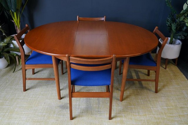Image 4 of Mid C 1970s Teak Dining Set D-end Table 4 Barback Chairs
