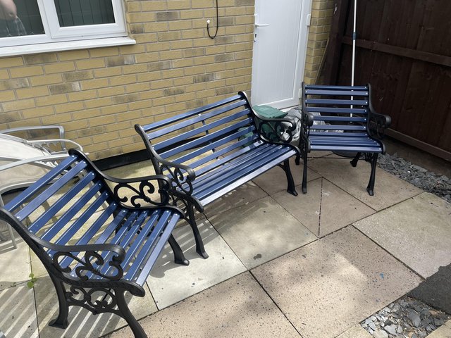 Preview of the first image of Refurbished garden bench, two chairs and a table.