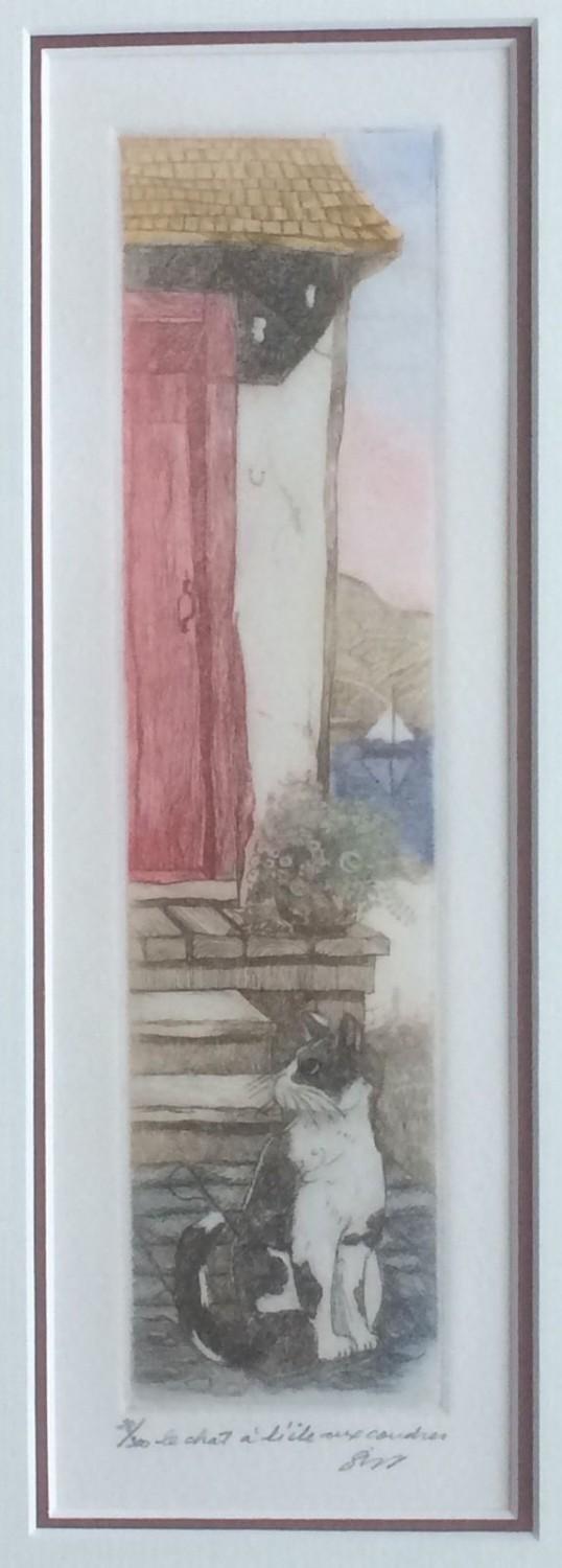 Preview of the first image of Vintage Martine Hogue Aquatint Etching 'Quebec Cat on steps'.