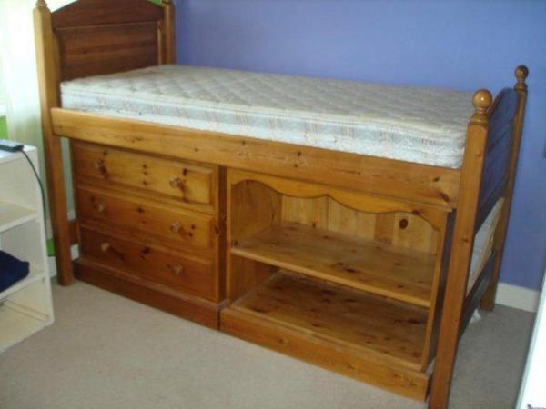 Image 1 of Solid pine raised bunk bed with mattress