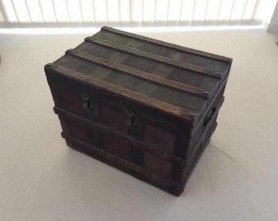 Image 1 of Vintage Wooden Travel Trunk with Metal Metal Banding