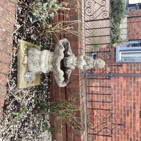 Image 1 of Small garden bird bath with cute figure playing pretend pipe