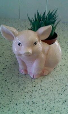 Preview of the first image of Cute, Pink ceramic pig plant pot holder.